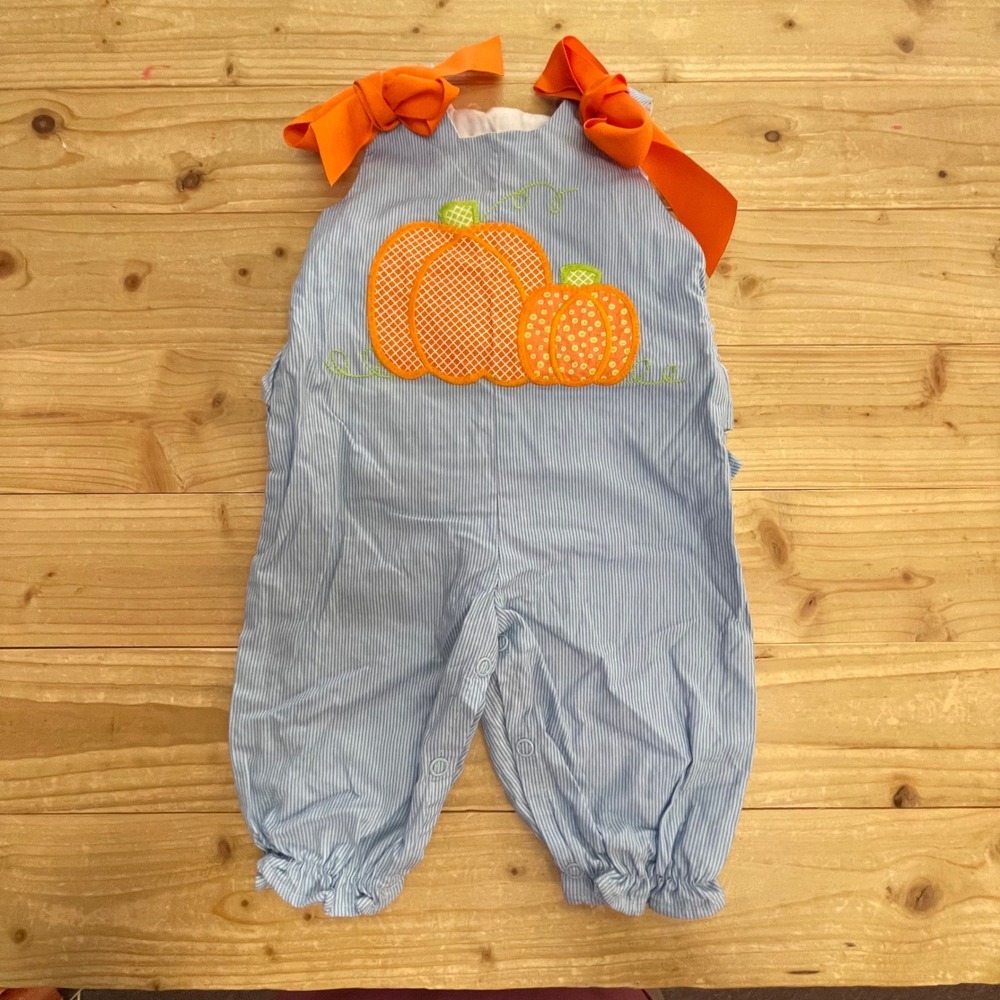 The Bailey Boys 3M Baby Girl Pumpkin Appliqué Romper Orange Bow Blue Stripe